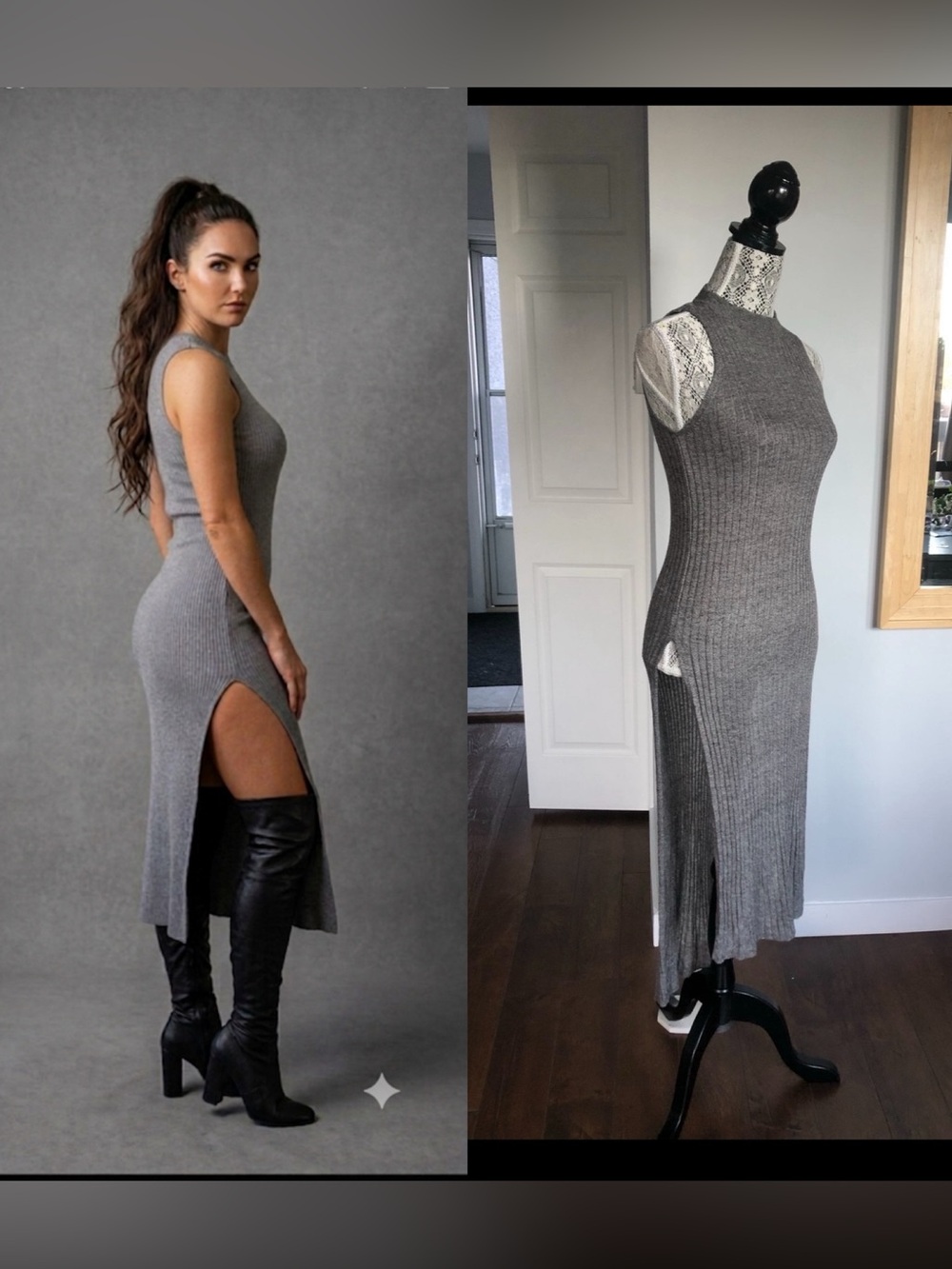 Zara Rib Knit Soft Midi Dress With High Slits. Grey. Small.
